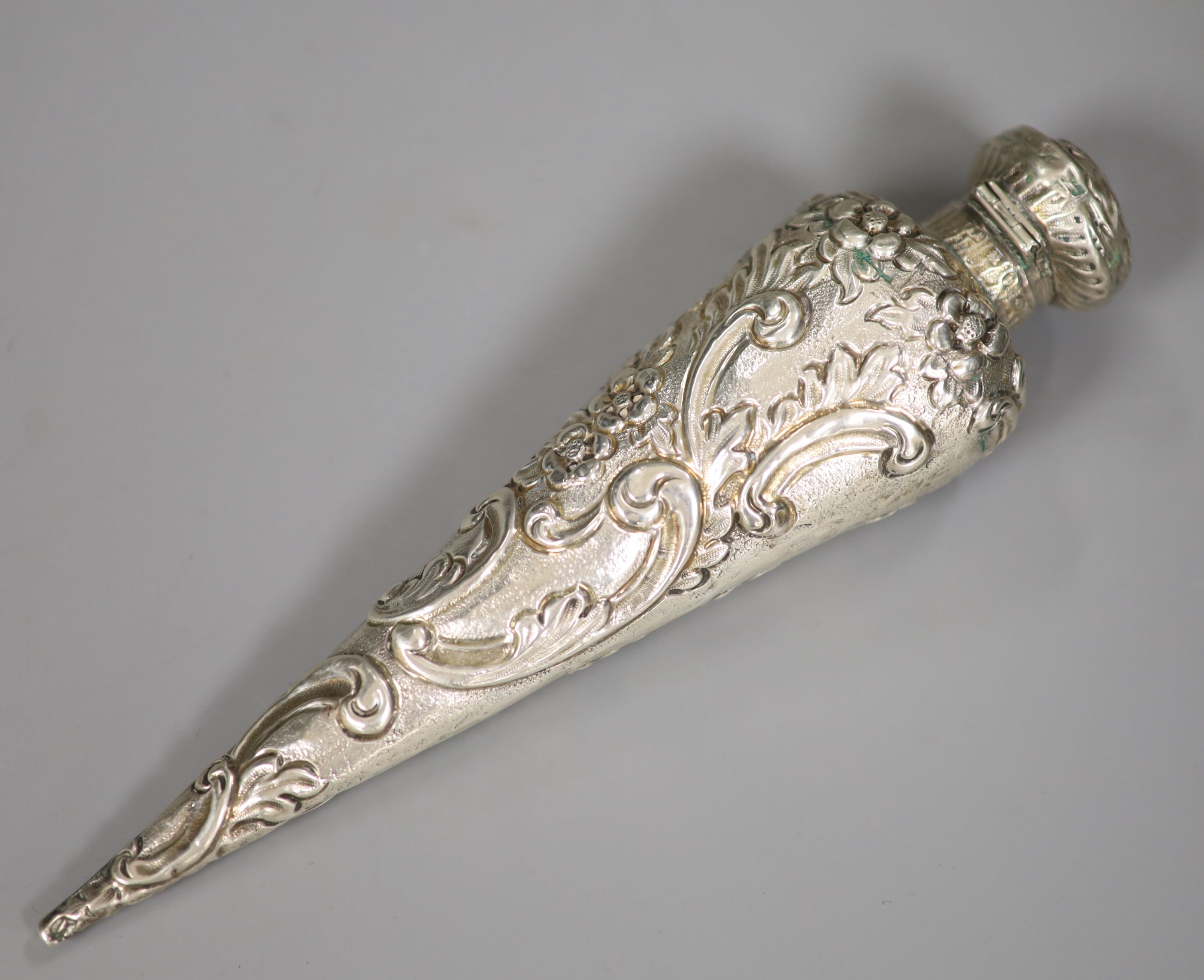 A late Victorian silver conical scent flask, Horton & Allday, Birmingham, 1895, 18.8cm.